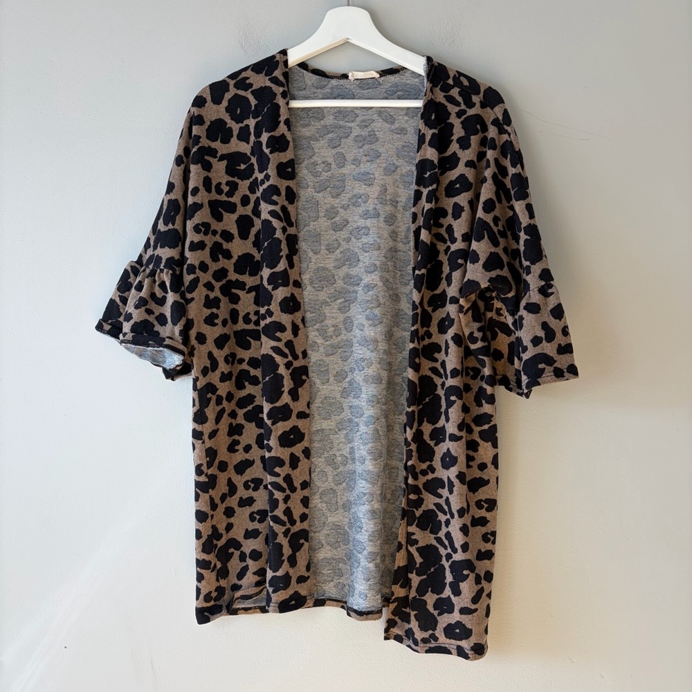 Viamor Open‎ Front Short-Sleeve Cardigan Bell Sleeves Animal Leopard Print Small